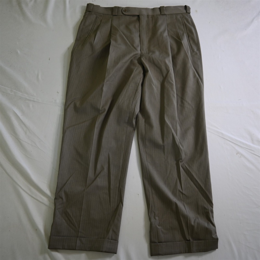 Tom James 34x30 Tan Green Striped Wool Pleated Cuffed‎ Mens Dress Pants